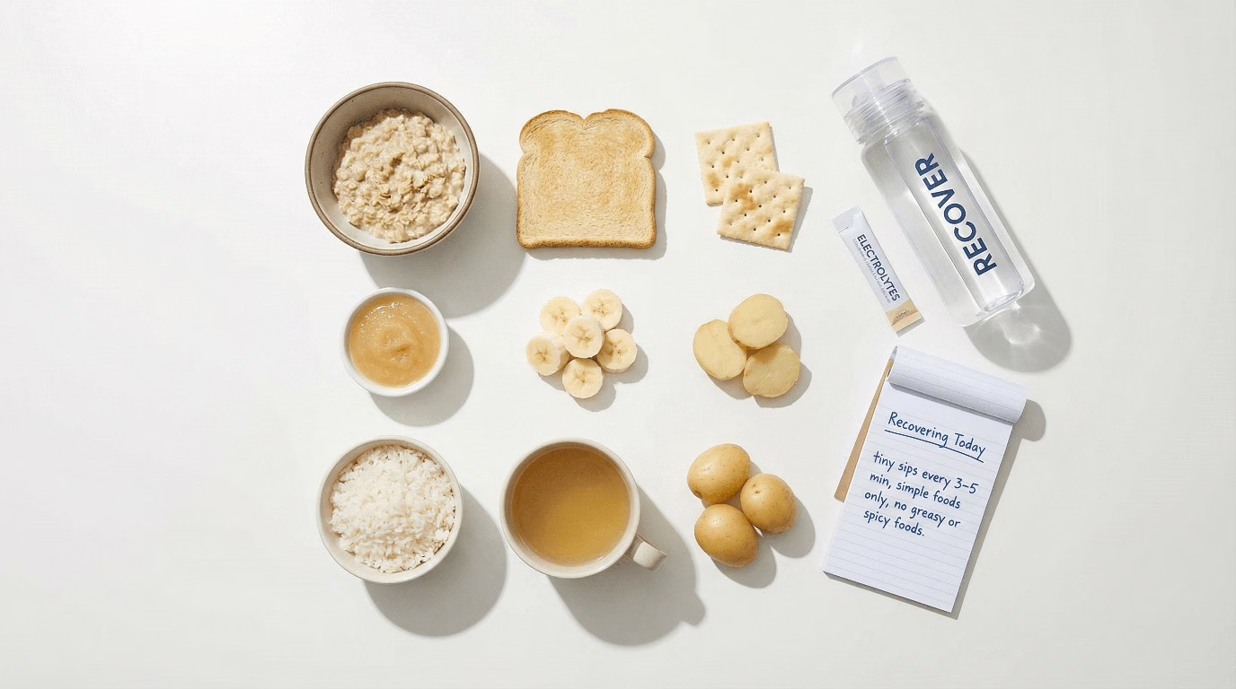 Bland recovery foods and electrolytes for Cannabinoid Hyperemesis Syndrome recovery — oatmeal toast banana crackers and broth