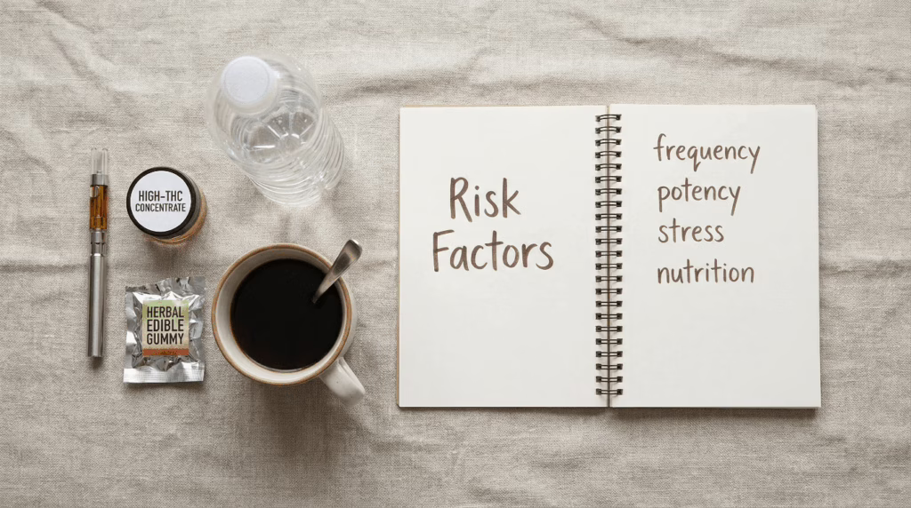 Cannabis products and a notebook listing possible CHS risk factors