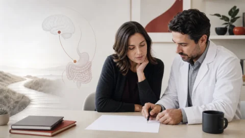 Adult reviewing a CHS symptom timeline with a clinician alongside a subtle gut-brain illustration and recovery path