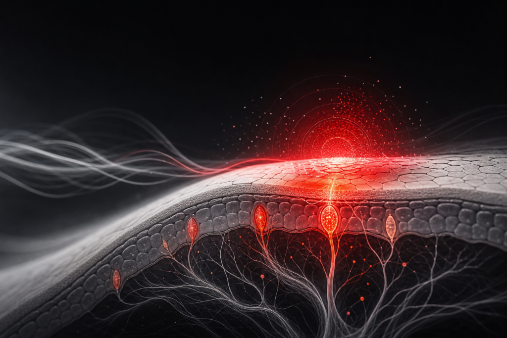 Scientific illustration of localized warmth activating heat-sensitive receptors at the skin surface