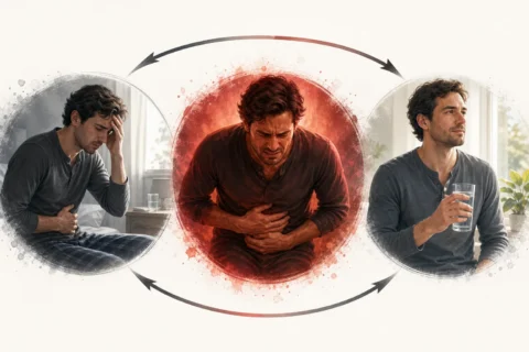 Three illustrated stages of the CHS cycle from early nausea through acute symptoms and recovery