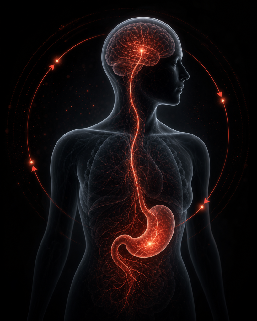 Educational illustration connecting the brain and stomach within a recurring symptom cycle