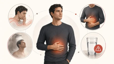 Educational illustration of CHS symptoms including nausea, abdominal discomfort, hot shower behavior, and dehydration risk