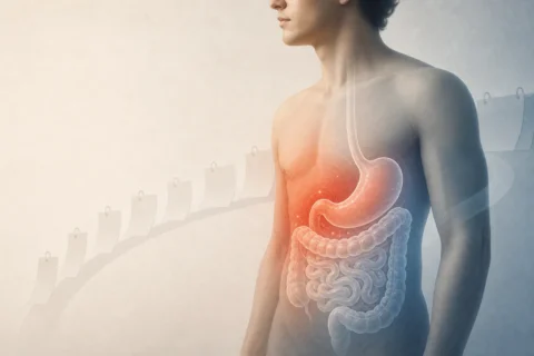 Digestive system illustration showing stomach irritation easing over time during CHS recovery