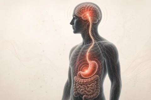 Medical illustration of disrupted signaling between the brain and digestive system in CHS