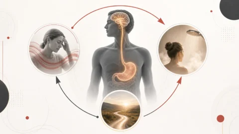 Editorial illustration of the recurring CHS pattern connecting nausea, hot showers, the gut-brain axis, and recovery